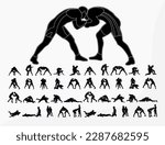 Big set 40 silhouettes athlete wrestler in wrestling, duel, fight. Greco Roman  wrestling, martial art, sportsmanship
