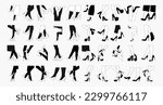 Big set 40 silhouettes outline of female legs. Shoes stilettos, high heels. Walking, standing, running, jumping, dance