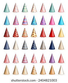 Big set of 42 realistic colorful 3d birthday hats or party paper caps in cone shape. Blue, red, pink, green, purple, golden party hats with multicolored various pattern for celebration, anniversary