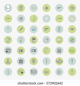 Big set of 42 round icons of kitchen appliances in flat style. Vector illustration.
