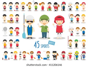 Big Set of 45 cute cartoon sport characters for kids. Funny cartoon boys.