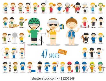 Big Set of 47 cute cartoon sport characters for kids. Funny cartoon girls.