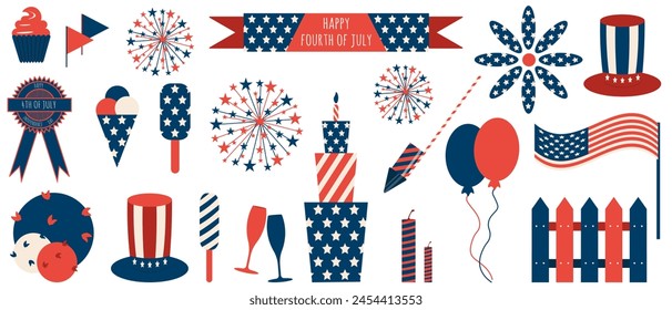 Big Set 4th of July element isolated transparent background. Independence Day of USA flat symbols collection. Artistic Vector can used Web banner poster design temlate. 