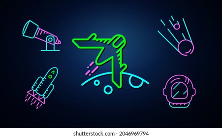 Big set of 5 Neon telescope, stars, astronaut, spacecraft, meteor and planet look clear. Neon line icon set. Space related neon icon. neon space icon set.