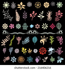 Big set of 50 design elements, colorful flowers and leaves, doodle floral collection, isolated elements on black background, vector illustration