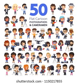 Big set of 50 flat styled cartoon characters of photographers and cameramen in various poses with cameras, camcorders and equipment. Isolated on white background. Clipping paths included.