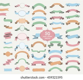 Big Set of 50 Hand Drawn Colorful Sketched Rustic Decorative Banners and Ribbons with Patterns, Frames with Geometric Ribbons with Shadows. Vintage Vector Illustration.