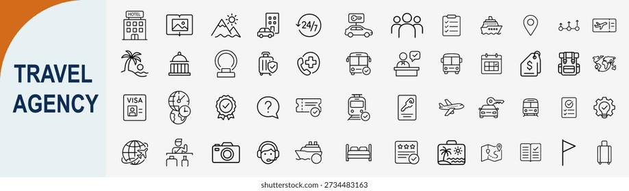 Big set of 50 minimalist outline travel agency icons for tourism website and mobile application interface design