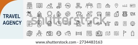 Big set of 50 minimalist outline travel agency icons for tourism website and mobile application interface design