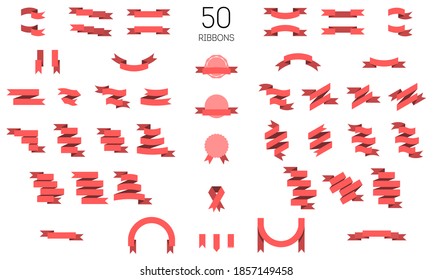 Big set of 50 ribbons and tapes. Colorful set of red ribbons. Flat design of graphic elements, collection of templates. Vector curved and graphic ribbons and banners.