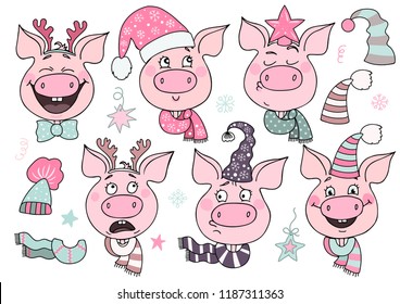 Big set of 6 cute pigs with emotions of joy, happiness, surprise, fright, arrogance. Pigs are dressed in Christmas hats - Santa's hat, deer horns, a star. Constructor, you can change scarves and hats.