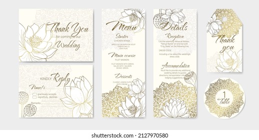 Big Set Of 6 Luxury Wedding Card Templates With Gold Outline Tropical Lotuses And Mandala. Golden Lotus Pattern For Floral Thank You, Menu Card, Etc.