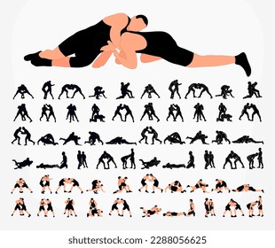 Big set 60 silhouettes athlete wrestler in wrestling, duel, fight. Greco Roman  wrestling, martial art, sportsmanship