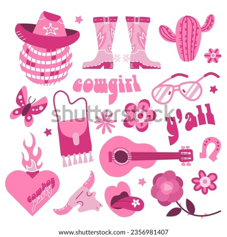 Big set of 60s retro girlish cowboy fashion elements. Cowboy boots, revolver, hat, guitar, bag, skull, disco ball, vintage inscriptions. Trendy theme of westernt dangerous cowgirl vector design.