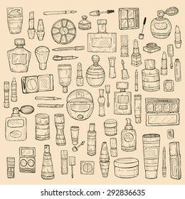 Big set of 62 make-up products and perfumes including mascara, eyeshadow, lipsticks, powder, brushes and others. Vector hand drawn make-up collection. 