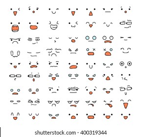 Big set of 63 emotions isolated on white.  Emoji  for Web.  Anger and compassion. Laughter, tears. Smile sadness surprise. Happiness  fear. 