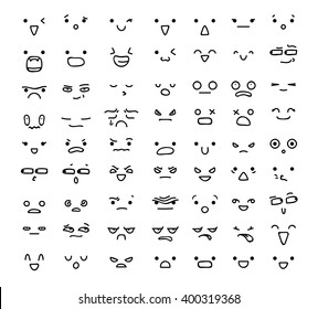 Big set of 63 emotions isolated on white.  Emoji  for Web.  Anger and compassion. Laughter, tears. Smile sadness surprise. Happiness  fear. 