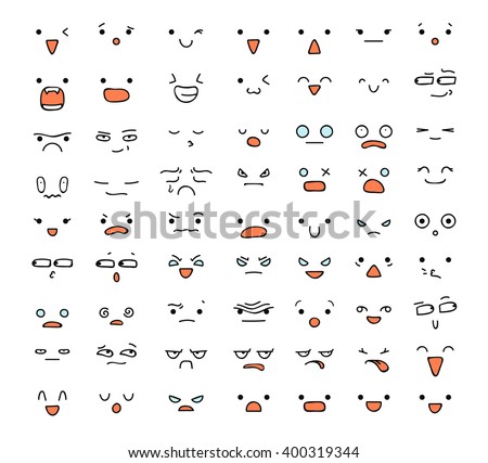 Big set of 63 emotions isolated on white.  Emoji  for Web.  Anger and compassion. Laughter, tears. Smile sadness surprise. Happiness  fear. 