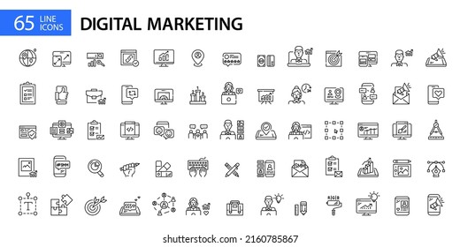 Big set of 65 digital marketing, SEO, SMM and web design icons. Pixel perfect, editable stroke line art