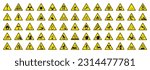 Big Set of 65 isolated hazardous symbols on yellow round triangle board warning sign