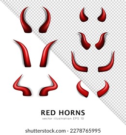 Big set of 7 realistic three dimensional devil horns. Red glossy daemon horns isolated on transparent background. Satan decoration, Monster carnival element. Vector illustration EPS 10