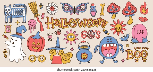 Big set of 70s halloween psychedelic clipart elements. Retro groovy graphic items of pumpkin, skull, eye, mushrooms, butterfly and witch. Cartoon linear hippy stickers. Vintage vector illustrations