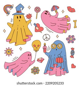 Big set of 70s halloween psychedelic ghosts characters. Retro groovy graphic clipart elements in hippie style. Cartoon linear hippy stickers. Vintage vector illustrations