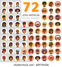 Big set of 72 flat african american round avatars. Cartoon people. Clipping paths included.