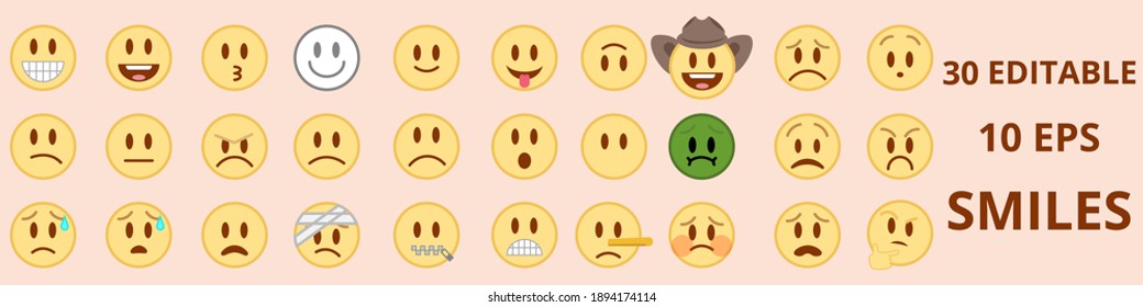Big set of 76 colorful editable smiles. On colorful background. Each editable icon is 410*350 px