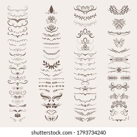 Big set of 76 vector decorative elements. Borders, frames, brackets, rosettes of various shapes for decoration. Old style lines and calligraphic elements for logos, weddings, menus, restaurants.