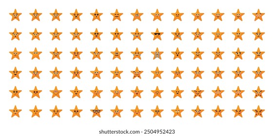 Big set of 78 star emoji with various emoticons icon in yellow color vector illustration cartoons on white background. Star emoji set. Emoticons collection.