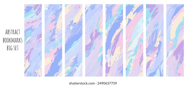 Big set of 8 bookmarks colorful templates. Abstract bright brush stroke elements. Classical rectangular bookmarks. Abstract illustration. Isolated on white background. Bookmarks set for reading.
