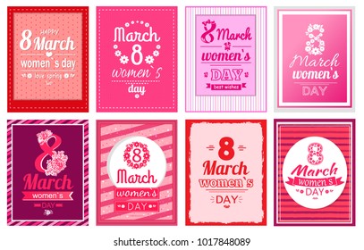 Big set of 8 March womens day greeting cards, Eight number made of flowers, best wishes on International women's day vector illustration poster isolated on pink