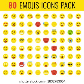 Big set of 80 emoticon smile icons. Cartoon emoji set. Vector emoticon set.