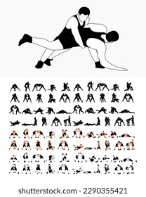 Big set 80 silhouettes athlete wrestler in wrestling, duel, fight. Greco Roman wrestling, martial art, sportsmanship