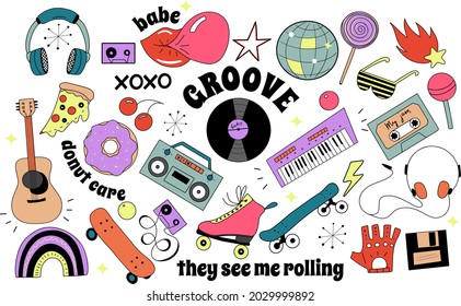 Big set and 80  s   90  s objects   musical instruments  vintage letterings in catchy phrases isolated vector clip art