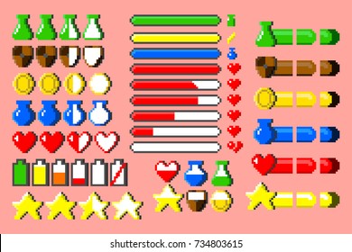 Big set of 8-bit elements, life bar, progressor, stamina, power, energy, mana level, money reserve vector illustrations. Retro, 8-bit style, pixel elements for nerd and classical game themed designs.