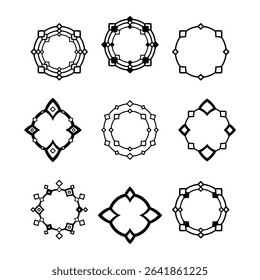 Big set of 9 black round frames decorated with rhombs isolated on white background. Collection of graphic design elements.