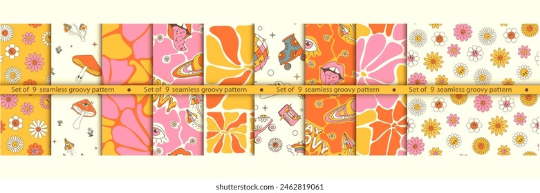 Big set of 9 colorfull seamless groovy patterns, daisy, mushrooms, disco, psychedelic, 1970s hippie endless wallpaper, background, banner