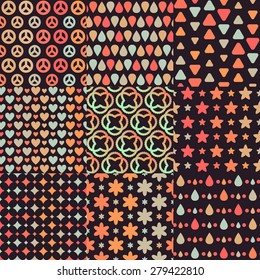 Big set of 9 various simple combining dark brown retro seamless patterns with orange, blue and beige geometric elements: heart, peace sign, drop, star, flower, rhomb, triangle