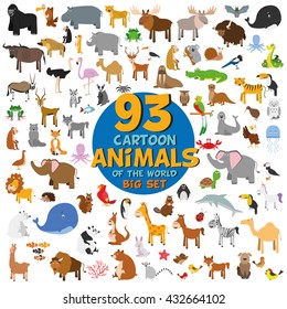 Big set of 93 cute cartoon animals of the world. Vector illustration isolated on white. Icon set.