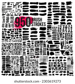 Big set of 950 black paint, ink brush strokes, brushes, lines, grungy. Dirty artistic design elements, boxes, frames. Vector freehand drawing. Brush strokes text boxes. Splashing ink. Painted objects.
