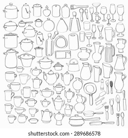 Big set of 98 cute hand drawn kitchen tools including different versions of casseroles, teapots, cups, glasses, cutting boards, pans, pots, and others. Doodles outline collection. Vector