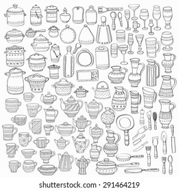 Big set of 98 cute hand drawn ornate kitchen tools including different versions of casseroles, teapots, cups, glasses, cutting boards, pans, pots, and others. Doodles outline collection. Vector