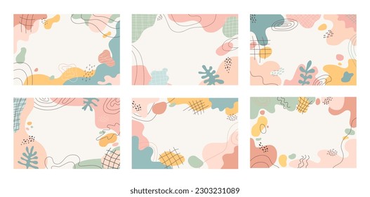 Gran conjunto de arte abstracto de fondo en colores pastel. Patrón colorido con dibujos a mano de varias formas geométricas orgánicas y objetos de arte de línea. Plantilla moderna y contemporánea. Ilustración del vector