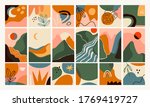 Big Set of Abstract backgrounds. Hand drawn doodle various shapes, leaves, mountains, river, spots, drops. Contemporary modern trendy Vector illustrations. Every background is isolated