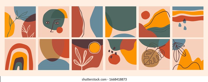 Big Set of Abstract backgrounds. Hand drawn doodle various shapes, leaves, face, spots, drops. Contemporary modern trendy Vector illustrations. Every background is isolated. Pastel colors
