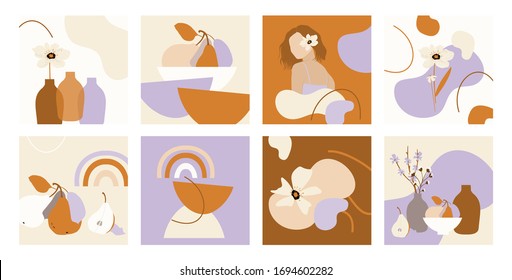 Big Set of Abstract backgrounds. Hand drawn doodle various shapes, leaves, face, spots, drops. Contemporary modern trendy Vector illustrations. Pastel and mustard colors