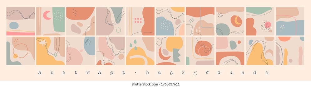 Big Set of Abstract backgrounds. Hand drawn doodle various shapes, lines, spots, drops, curves. Contemporary modern trendy Vector illustrations. Every background is isolated. Patterns, Wallpapers