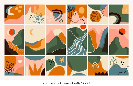 Big Set of Abstract backgrounds. Hand drawn doodle various shapes, leaves, mountains, river, spots, drops. Contemporary modern trendy Vector illustrations. Every background is isolated